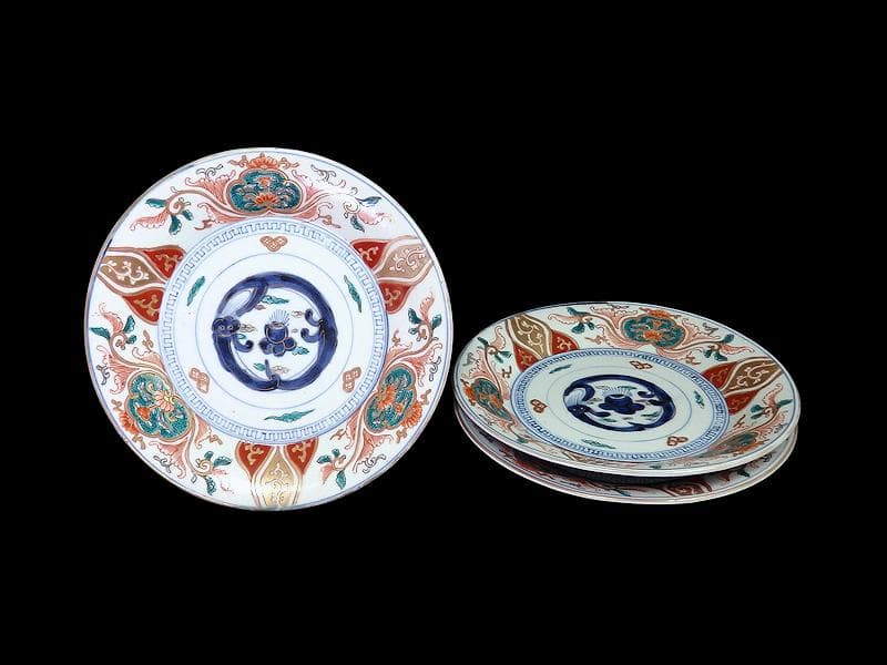 古伊万里　色絵　団龍紋に宝珠　花の図　７寸皿　３枚　珍品　C544AS-DBr