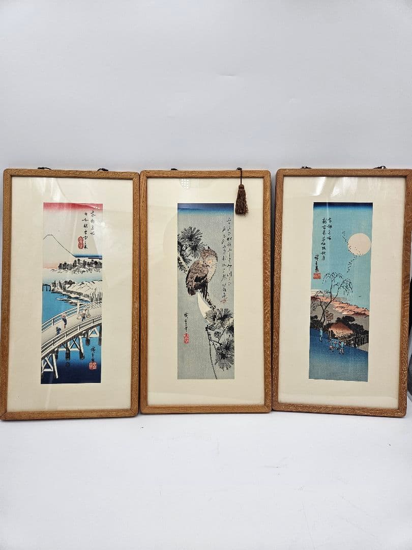 歌川広重 木版画 日本橋の雪 松に長耳梟 月に柳と旅人 浮世絵