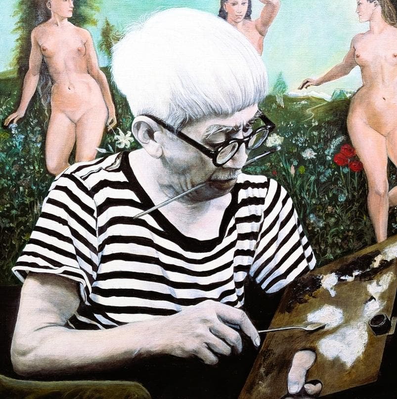 伊藤和生　藤田嗣治作「アトリエの自画像Ⅱ」白黒写真から油彩画にて模写 Ｆ20号