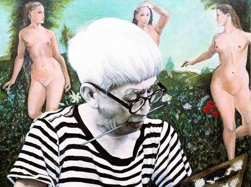 伊藤和生　藤田嗣治作「アトリエの自画像Ⅱ」白黒写真から油彩画にて模写 Ｆ20号