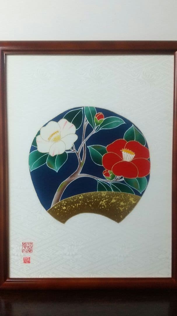 京都手描き友禅染め 「椿図」染め額 友禅職人一品物