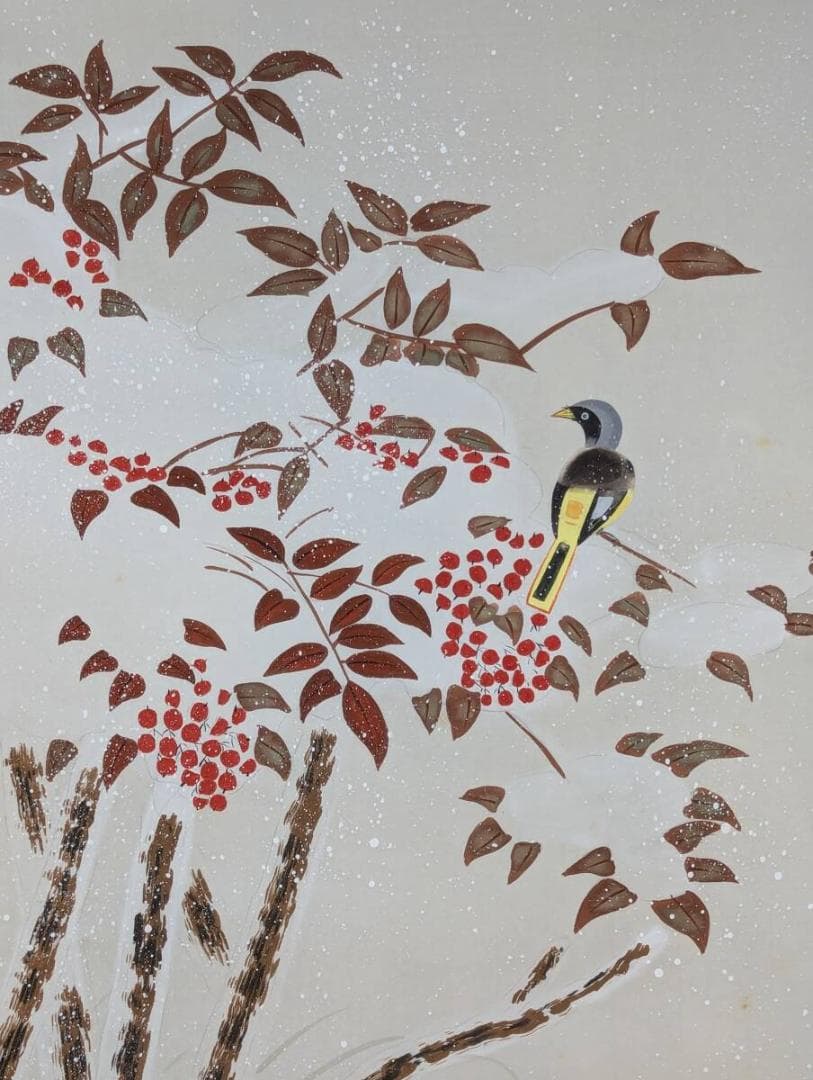 【真作】掛軸　井上秀峰　雪中南天　花鳥画　古美術　南天と小鳥　共箱入　U21