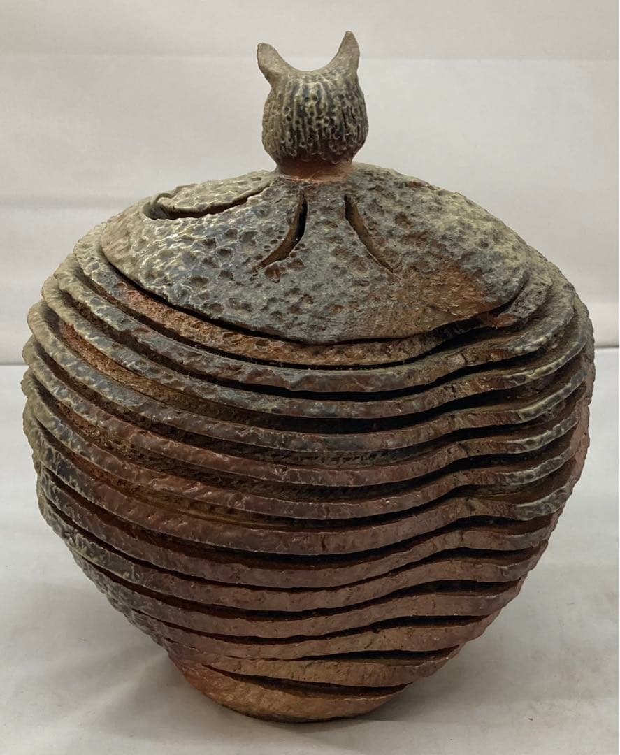 B154 山本出造「備前ブルゴーニュ土  積上香炉」 共箱　線香立付 フクロウ
