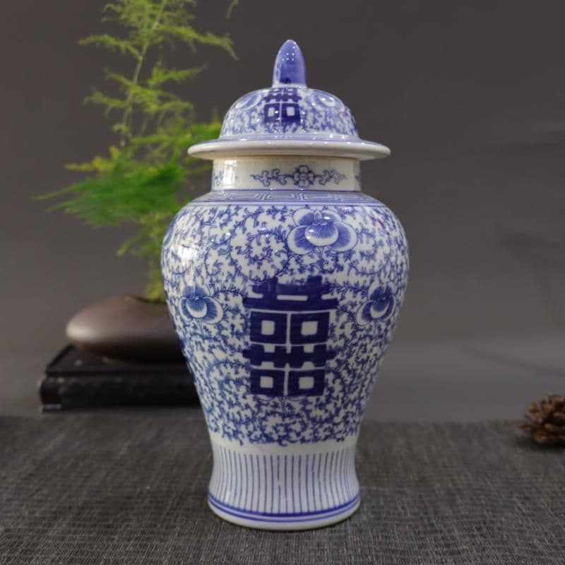 青花磁器喜字将軍缶 景徳鎮 陶磁器装飾品 工芸品 美術品 置物