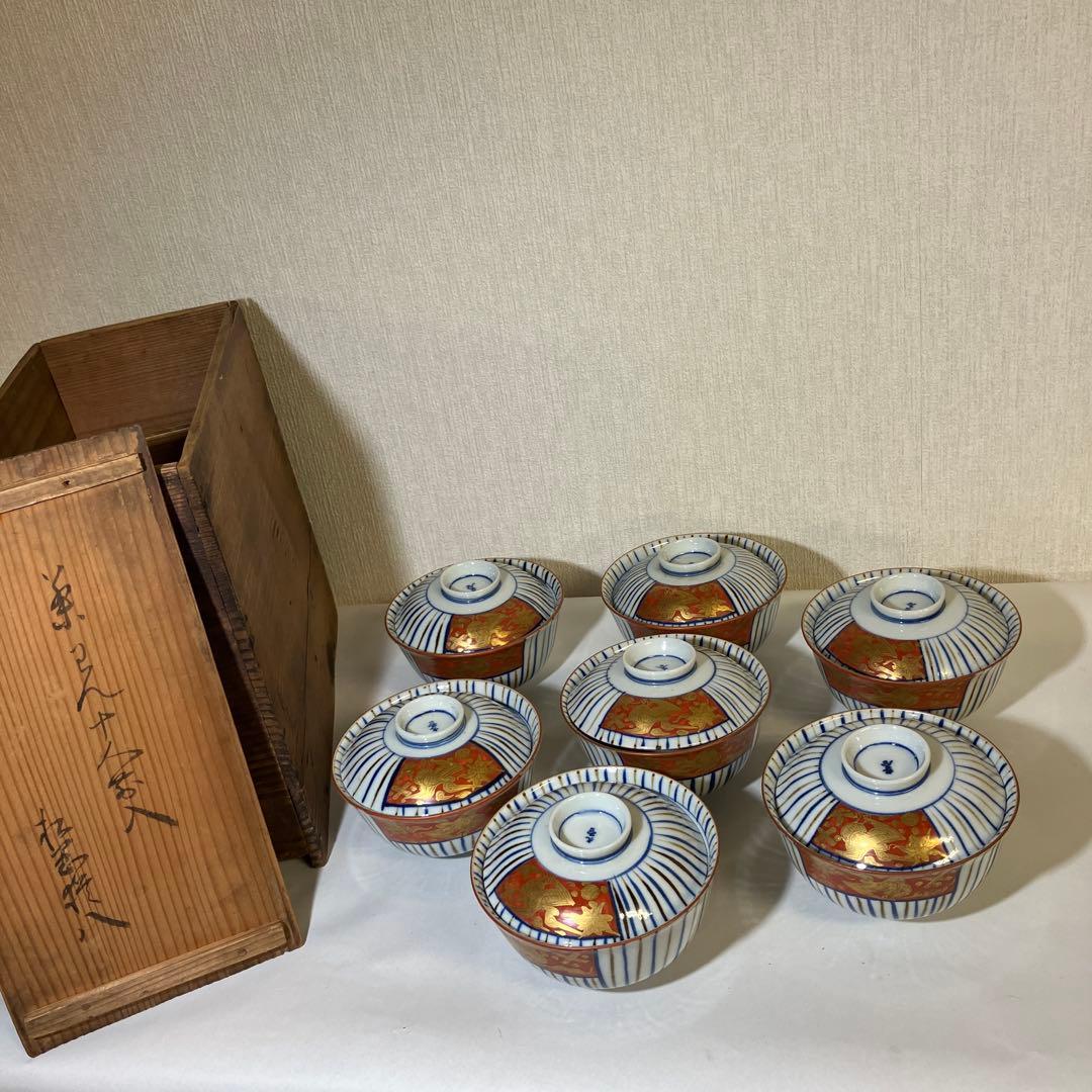 九谷焼骨董蓋付き茶碗７客「赤地金彩麦わら手」