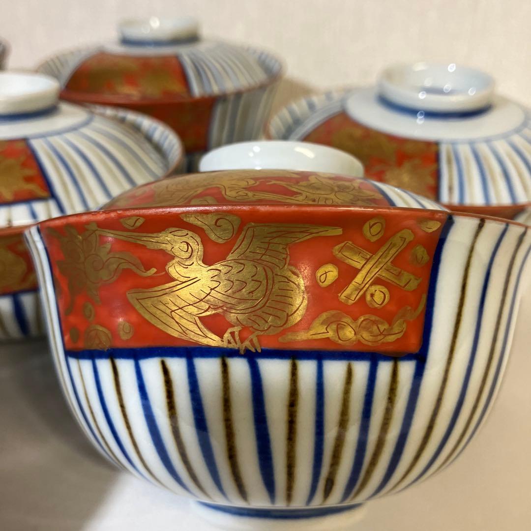 九谷焼骨董蓋付き茶碗７客「赤地金彩麦わら手」