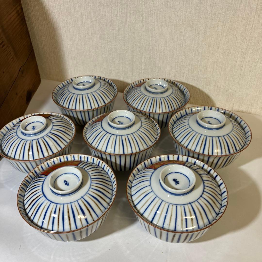 九谷焼骨董蓋付き茶碗７客「赤地金彩麦わら手」