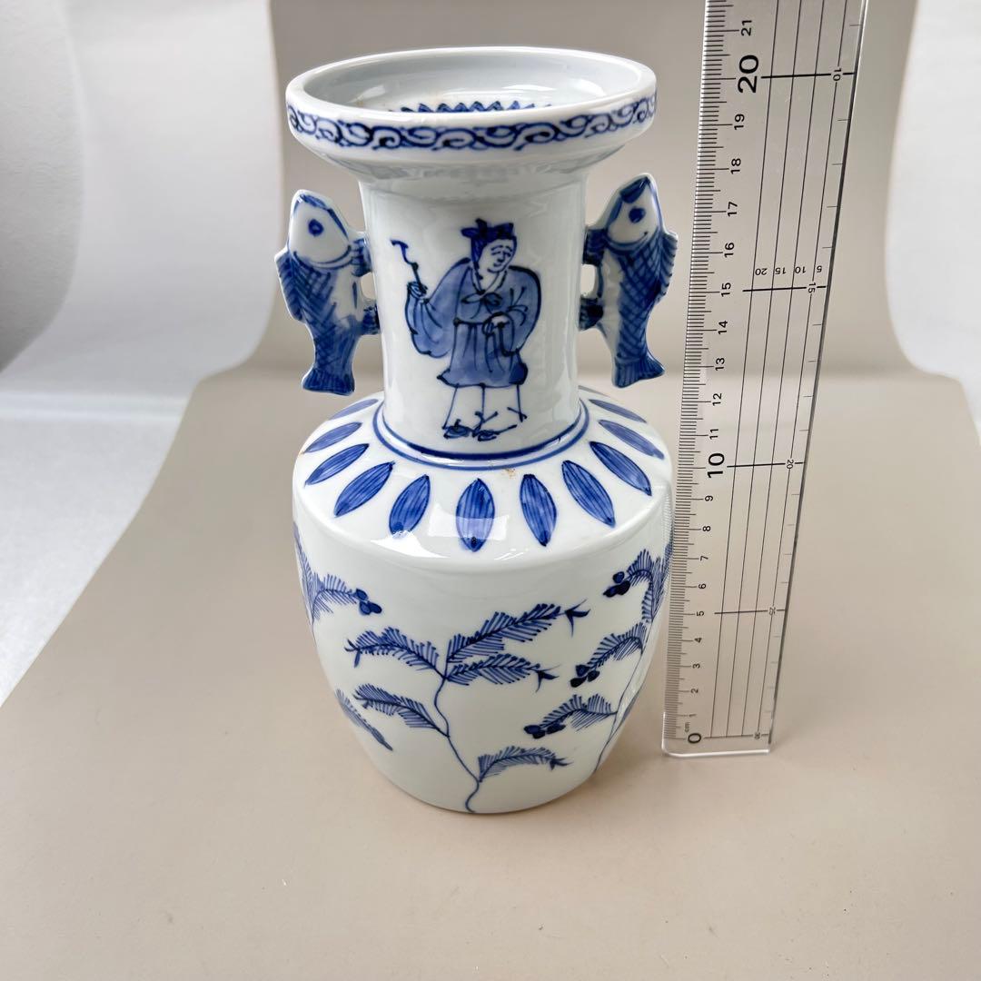 花入　染付　高砂　平安高野昭阿弥作 青白磁の花瓶 魚の持ち手付き