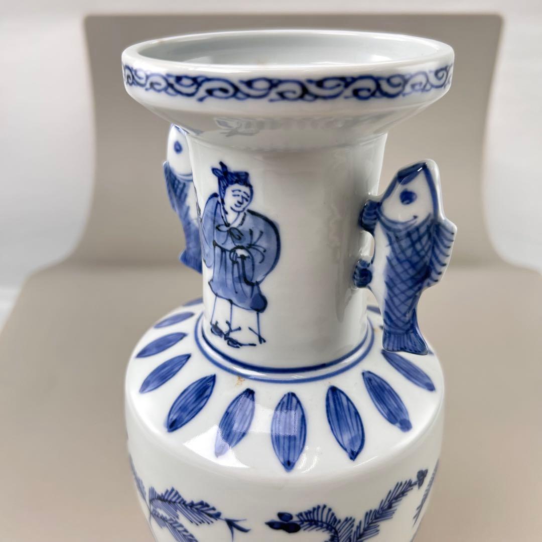 花入　染付　高砂　平安高野昭阿弥作 青白磁の花瓶 魚の持ち手付き