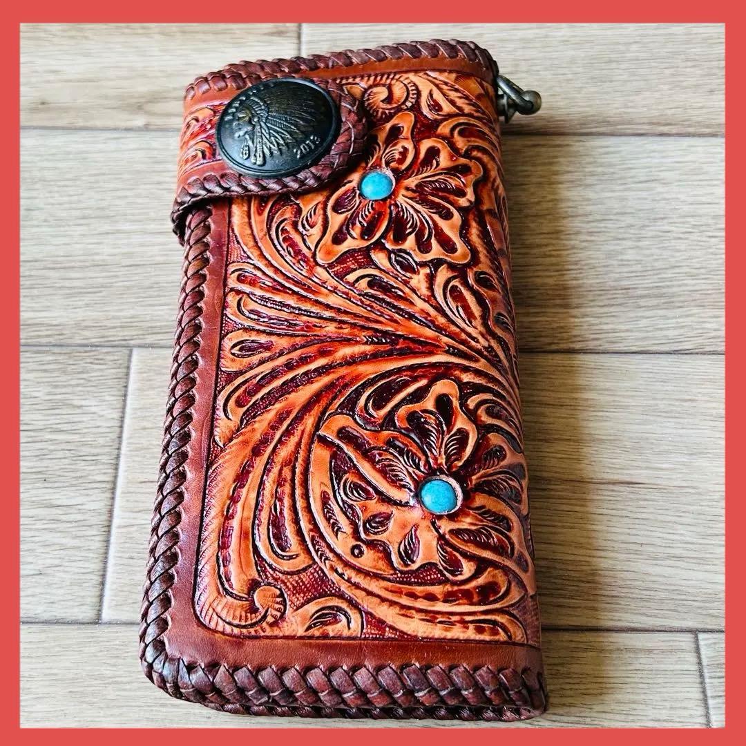 【新品】本革 牛革カービング バイカーズウォレット ハンドメイド メンズ 長財布