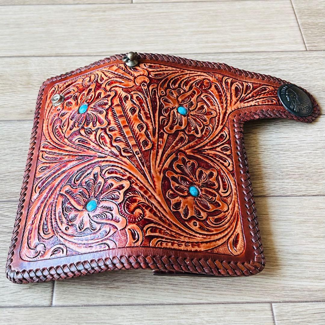 【新品】本革 牛革カービング バイカーズウォレット ハンドメイド メンズ 長財布