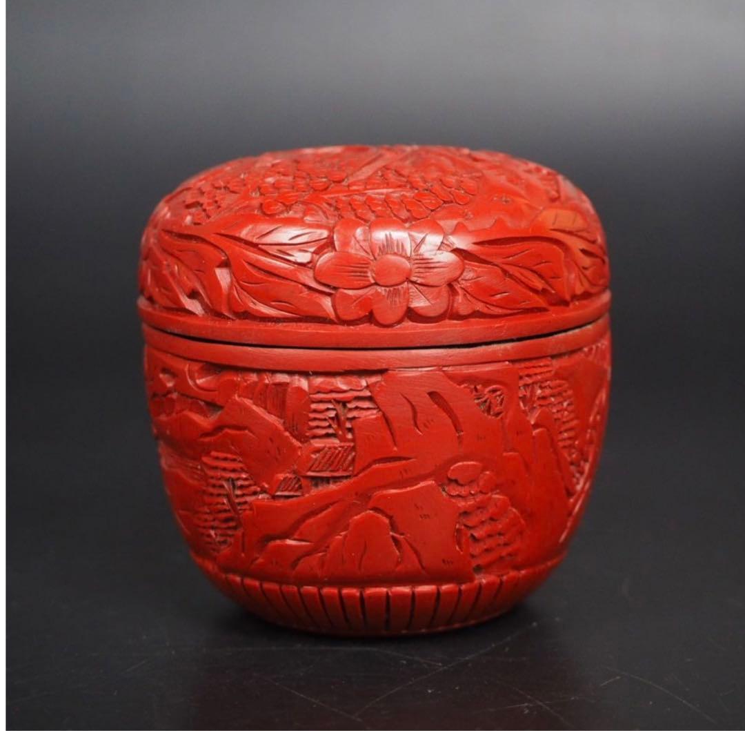 送料無料　時代物　山水楼閣紋堆朱棗　茶道具