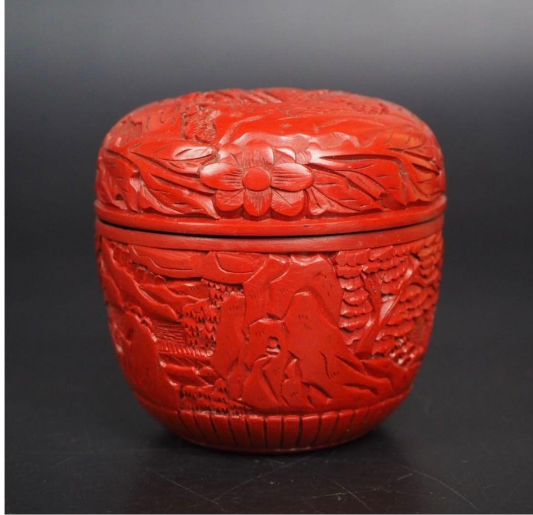 送料無料　時代物　山水楼閣紋堆朱棗　茶道具