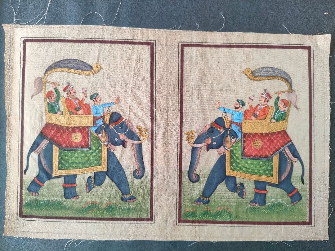 ●希少インド細密画 手描き 絵画 象と王族 （マハラジャ）