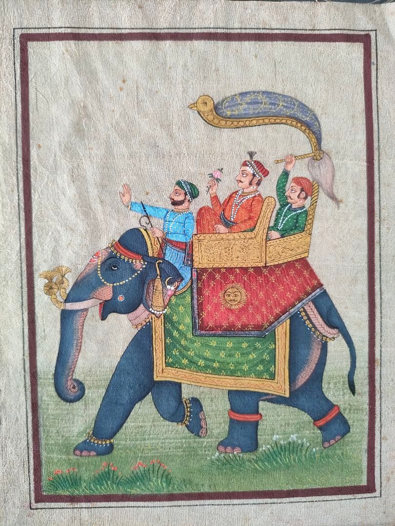 ●希少インド細密画 手描き 絵画 象と王族 （マハラジャ）