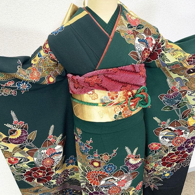 506z23☆きものやまと 紅型振袖 古典柄 ちりめん 緑☆美品 成人式 結婚式