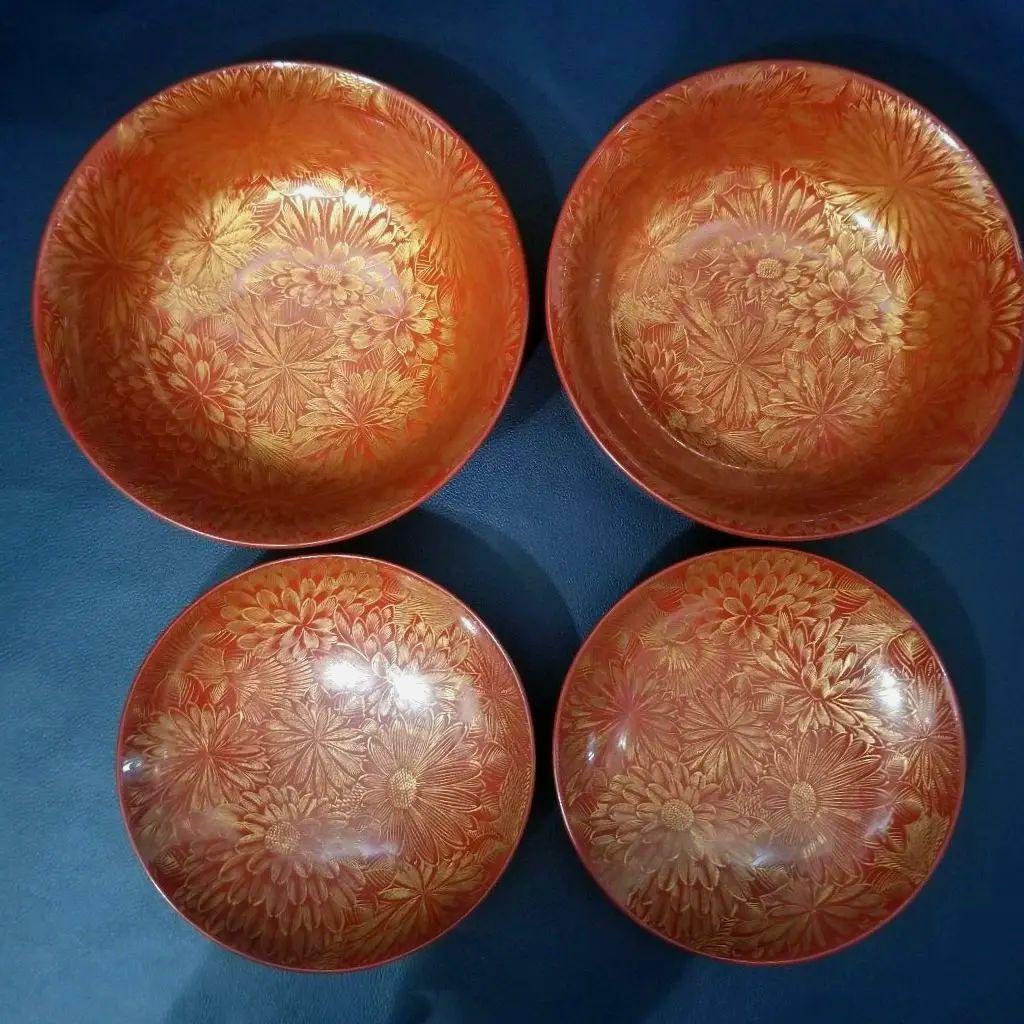 輪島塗　朱漆塗 内総沈金 菊花紋詰 吸物椀 懐石椀 茶道具 金 蒔絵　羽反　2客