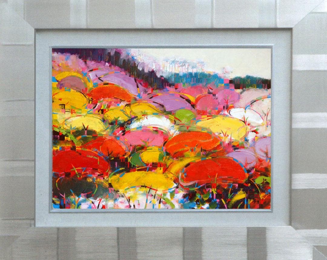 油絵 菅家令子 絵 絵画インテリア額付(青緑＋金色の枠)uF6-081711紅葉