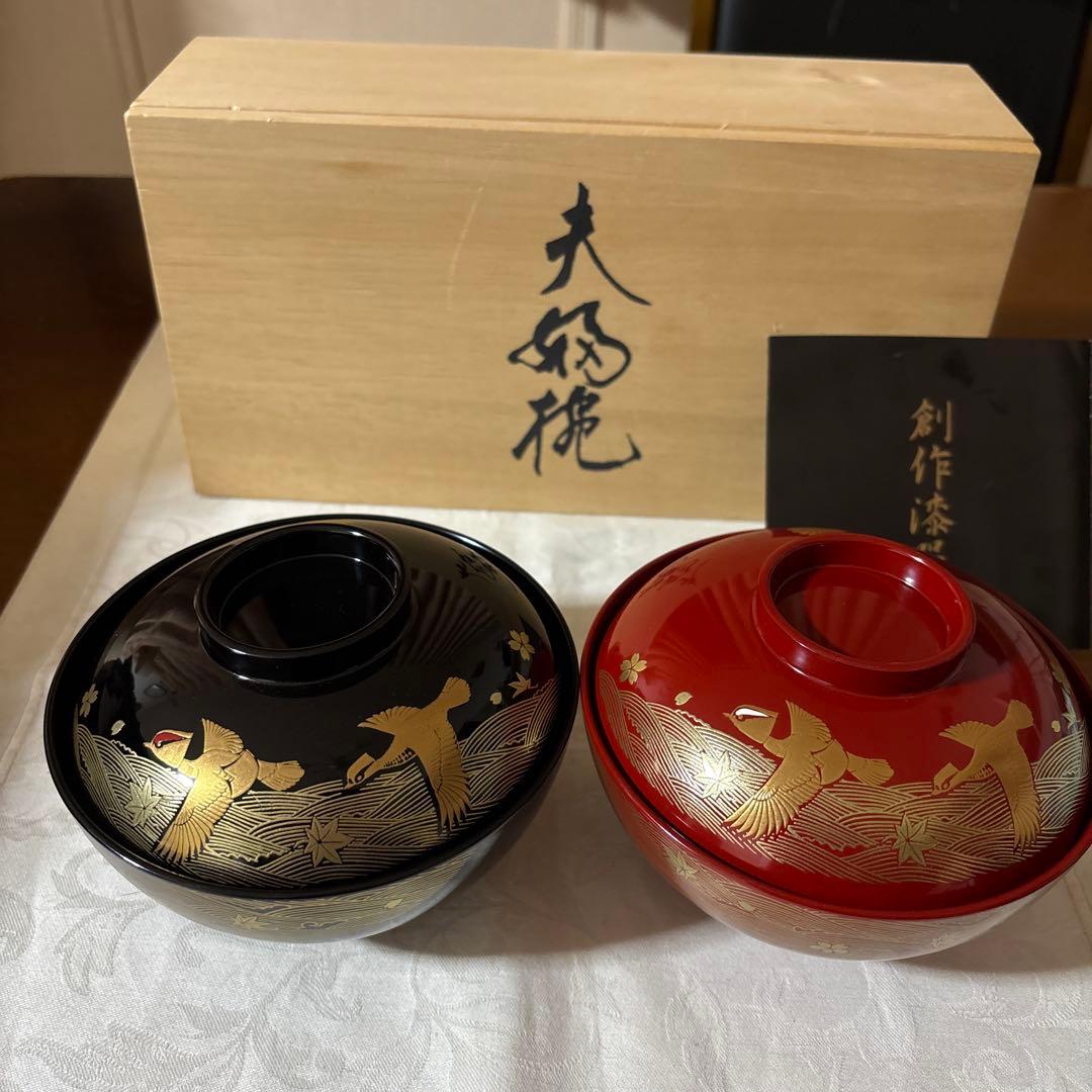 輪島塗 濱田屋 蓋付 椀 お椀 天野誠作 金彩 鶴　金蒔絵 木箱付 ペア 吸椀