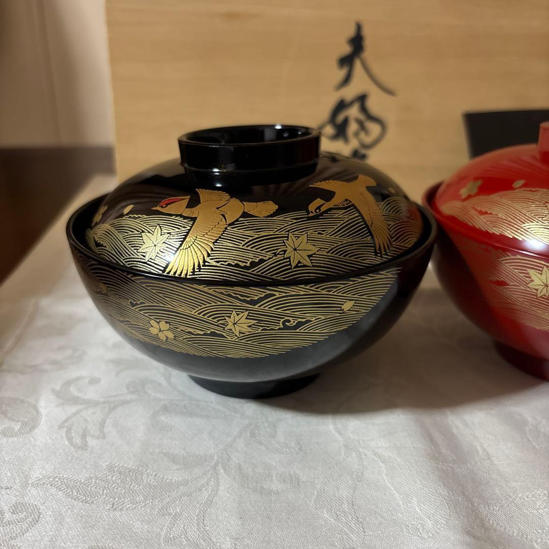 輪島塗 濱田屋 蓋付 椀 お椀 天野誠作 金彩 鶴　金蒔絵 木箱付 ペア 吸椀