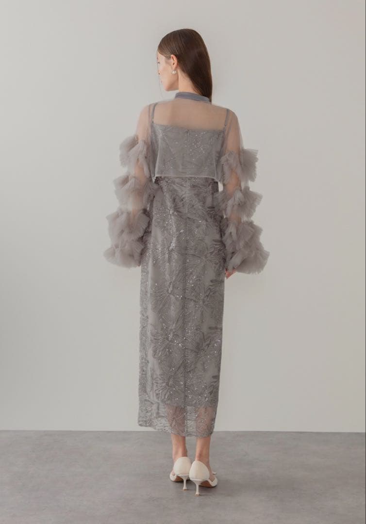 【LEJA】フリルチュールスリーブリボンIラインワンピースドレス