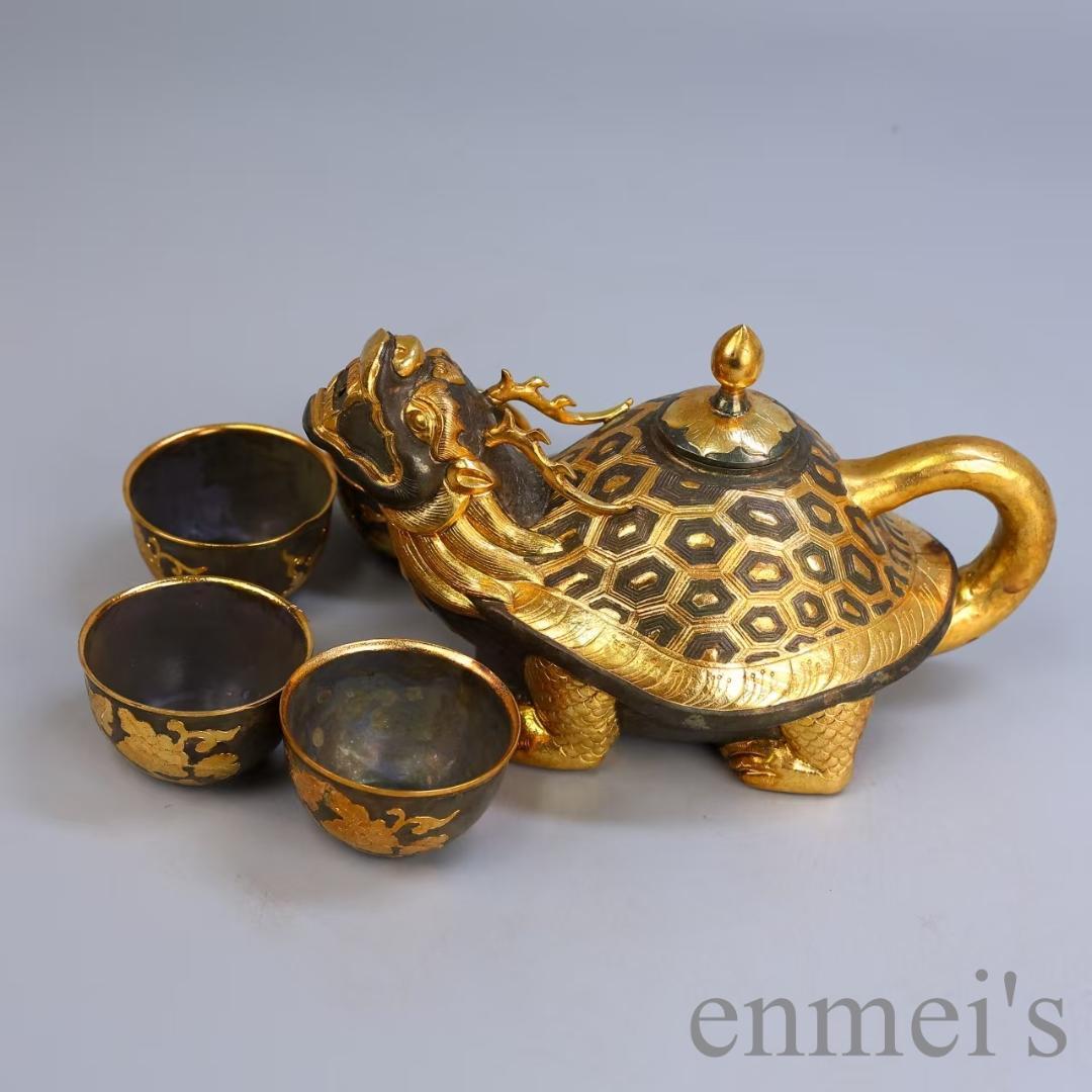 中国古美術 鏨刻酒器揃 描金 純銅製 茶道具 酒道具 宴席用 金属工芸 細密細工