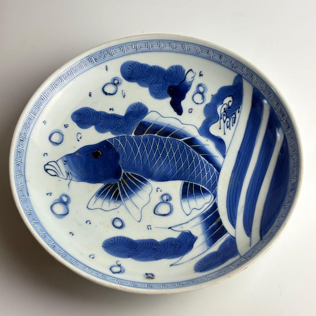 伊万里 染付 魚文 丸皿 骨董 皿 飾皿 絵皿 アンティーク