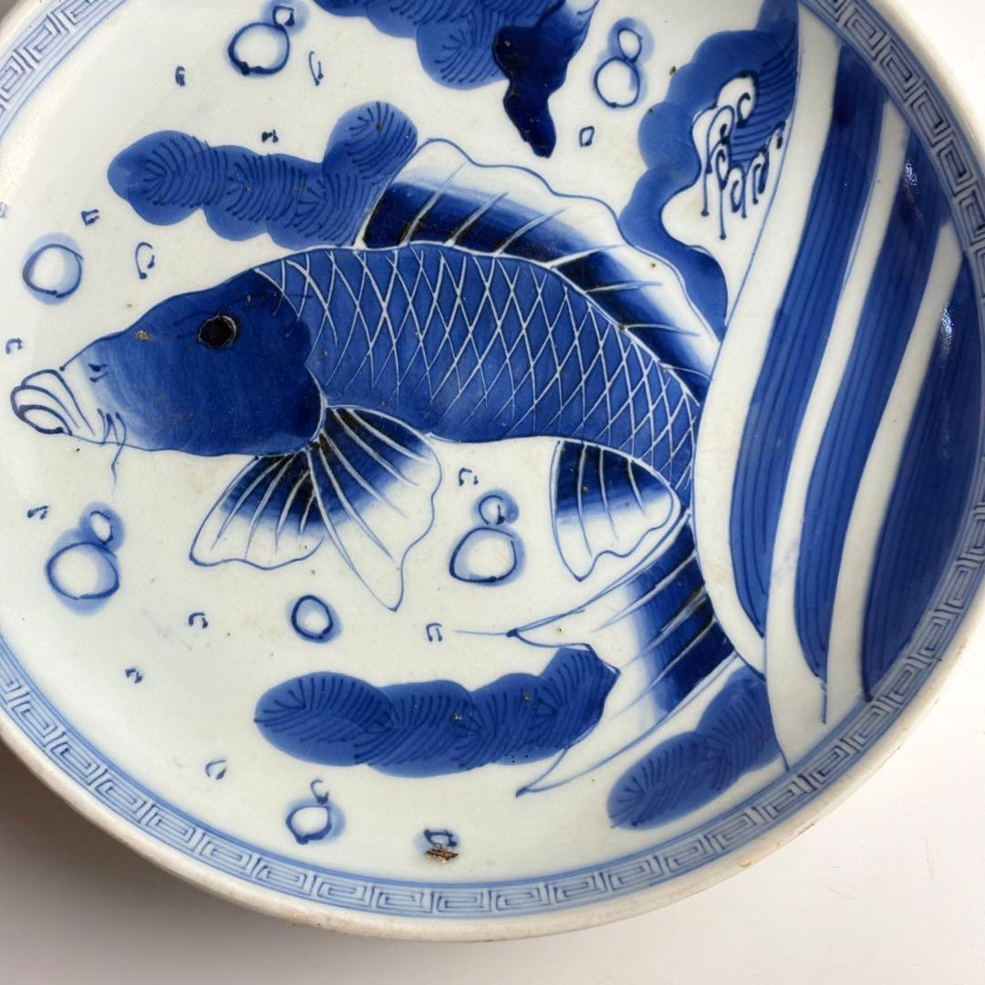 伊万里 染付 魚文 丸皿 骨董 皿 飾皿 絵皿 アンティーク