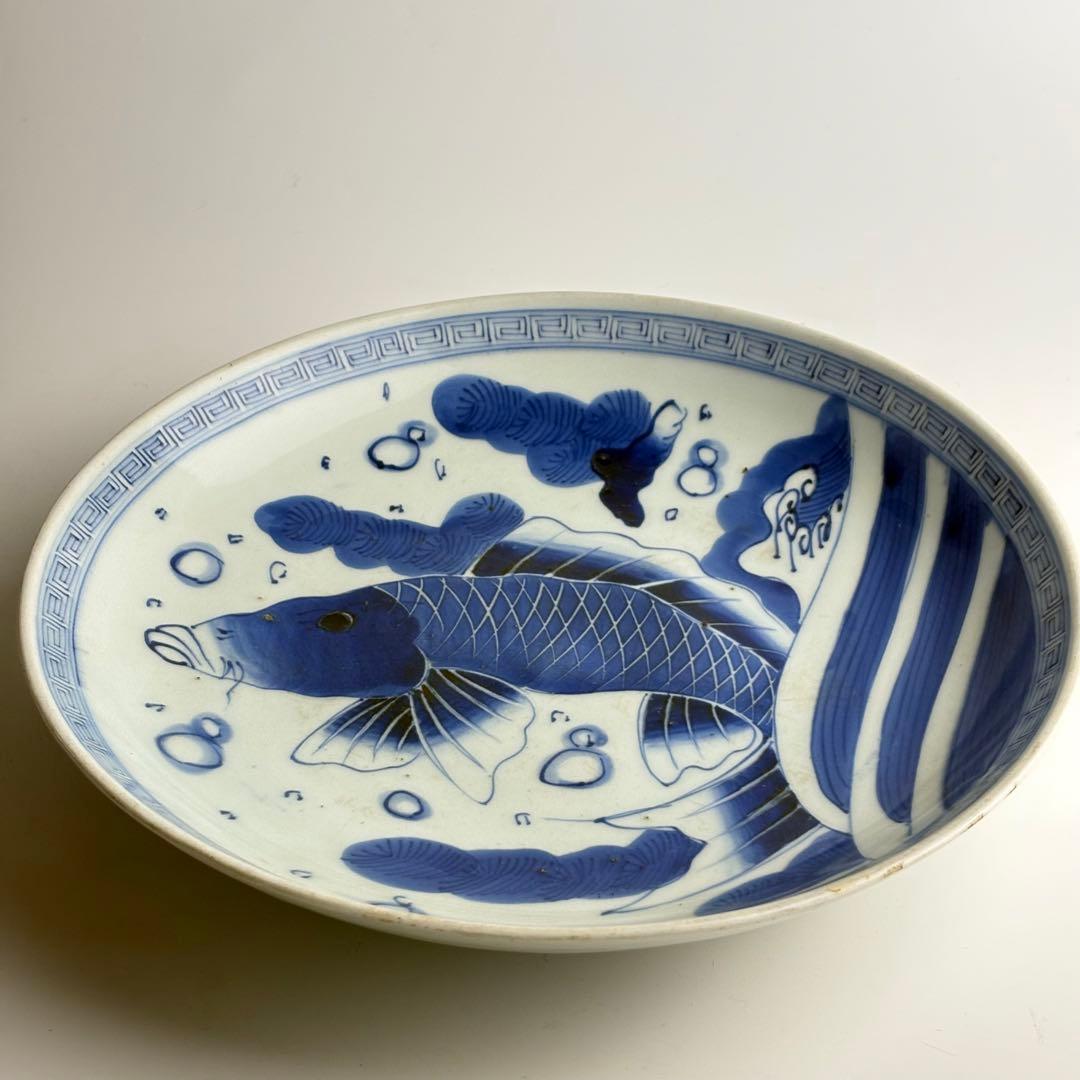 伊万里 染付 魚文 丸皿 骨董 皿 飾皿 絵皿 アンティーク