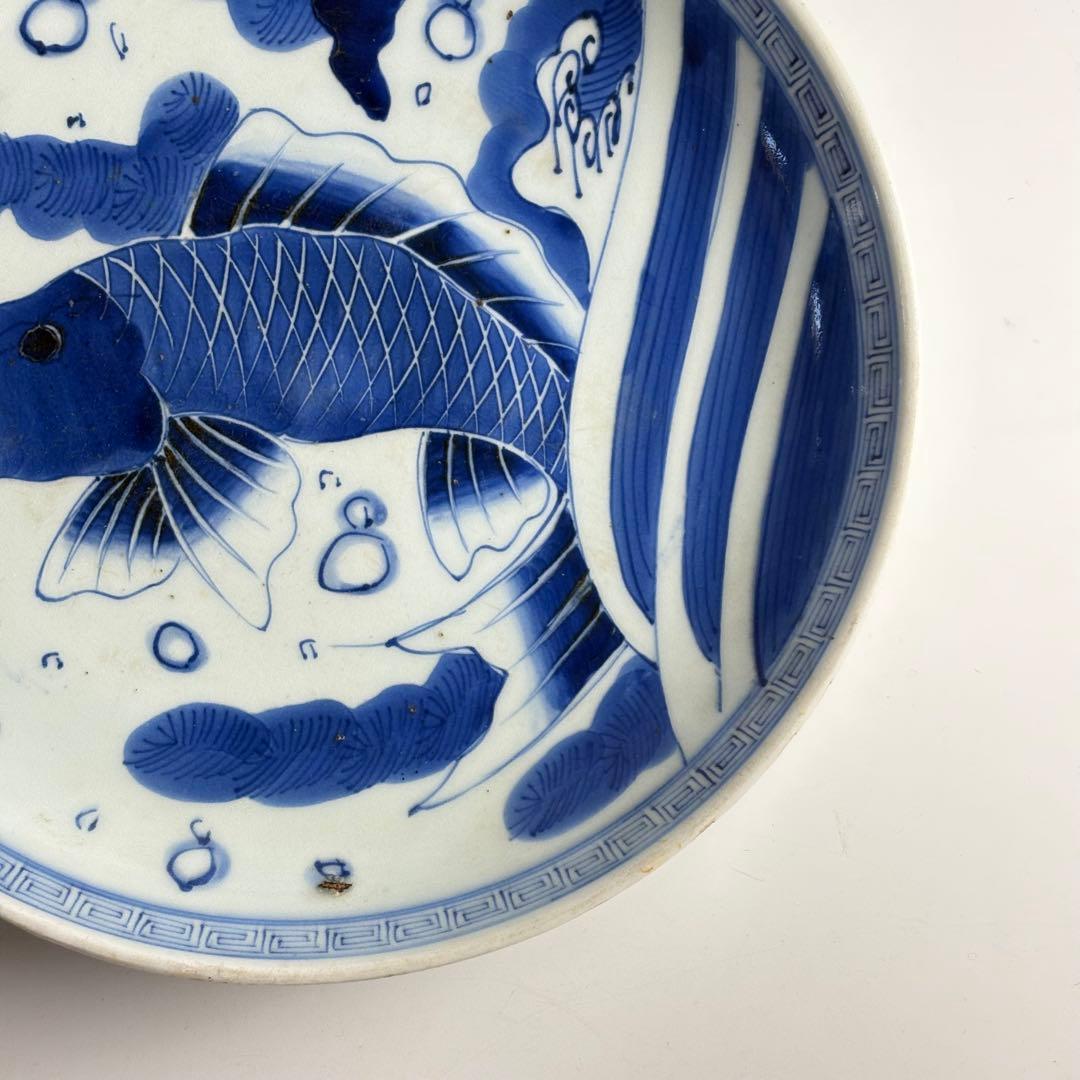 伊万里 染付 魚文 丸皿 骨董 皿 飾皿 絵皿 アンティーク