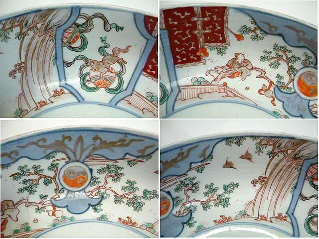 鉢■古い伊万里赤絵大鉢 窓犬紋 獅子 人物 唐草 鳥 骨董(江戸後期～明治期)■