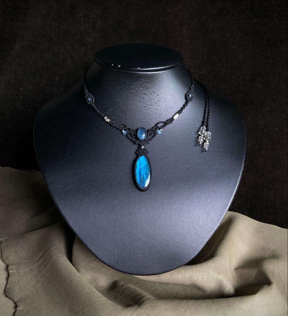 ラブラドライト　アクアマリン　マクラメネックレス