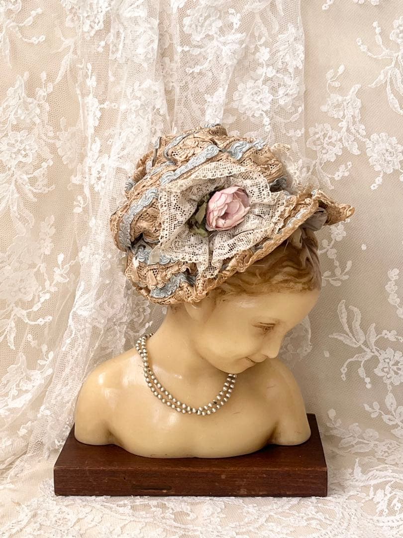 アンティークヴィクトリアン ビスクドール帽子ハットローズ布花レース