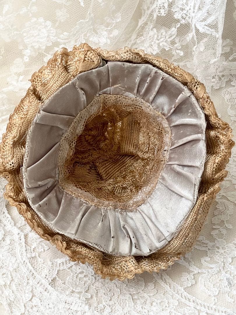 アンティークヴィクトリアン ビスクドール帽子ハットローズ布花レース