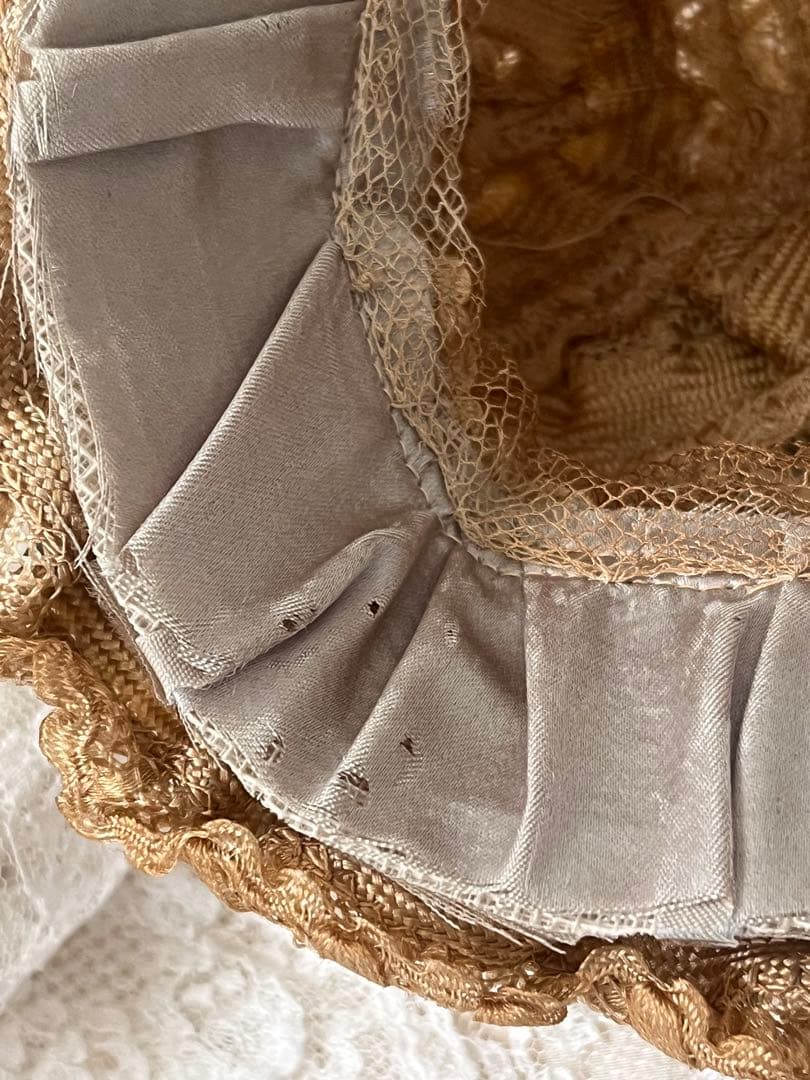 アンティークヴィクトリアン ビスクドール帽子ハットローズ布花レース