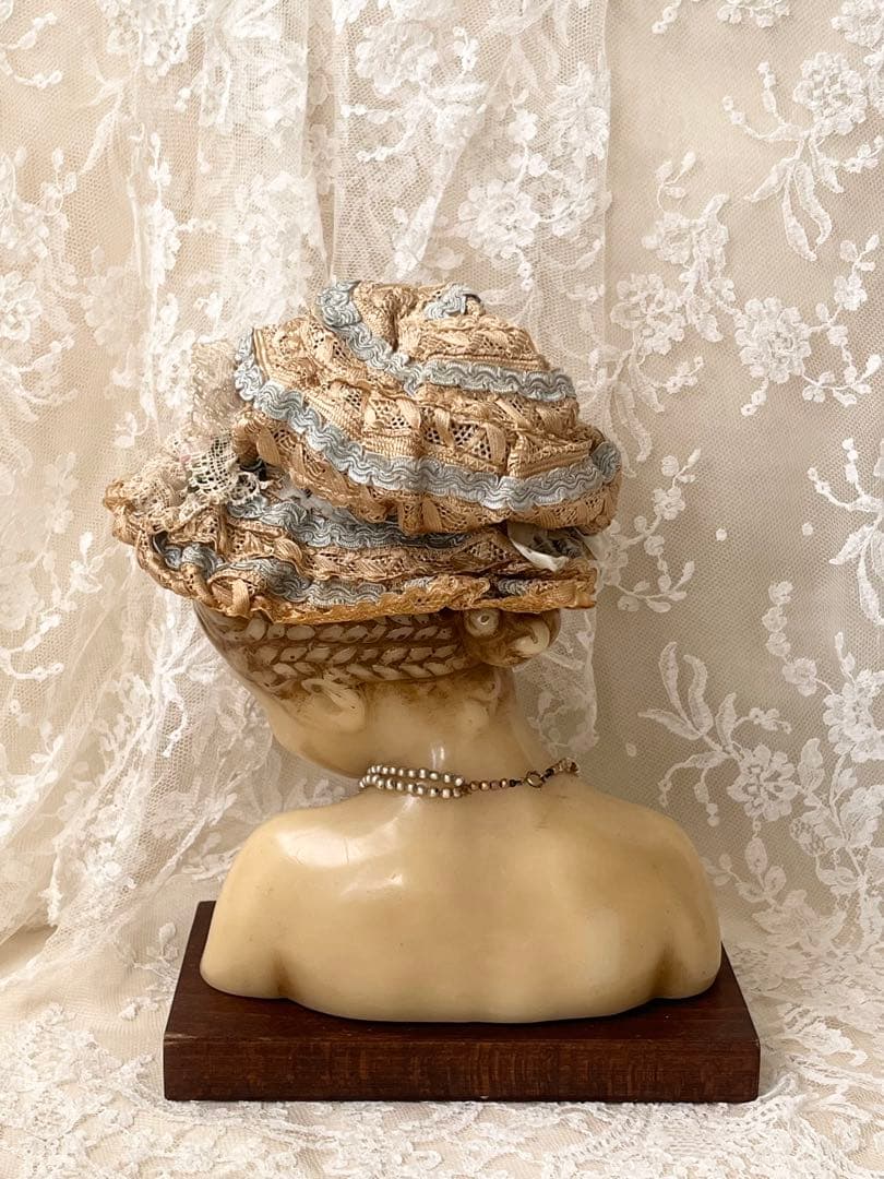 アンティークヴィクトリアン ビスクドール帽子ハットローズ布花レース