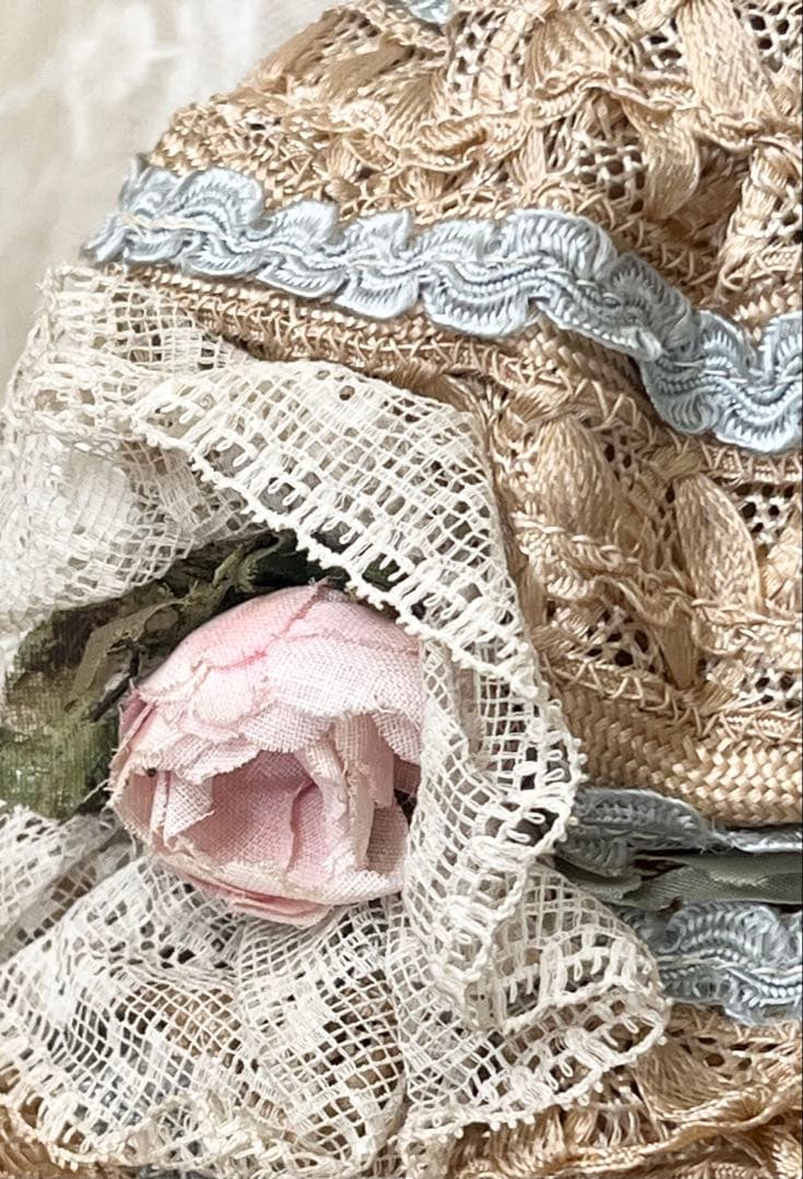 アンティークヴィクトリアン ビスクドール帽子ハットローズ布花レース