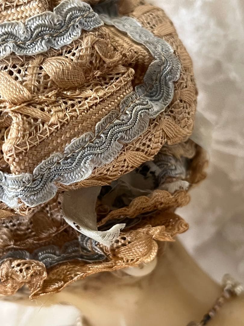 アンティークヴィクトリアン ビスクドール帽子ハットローズ布花レース