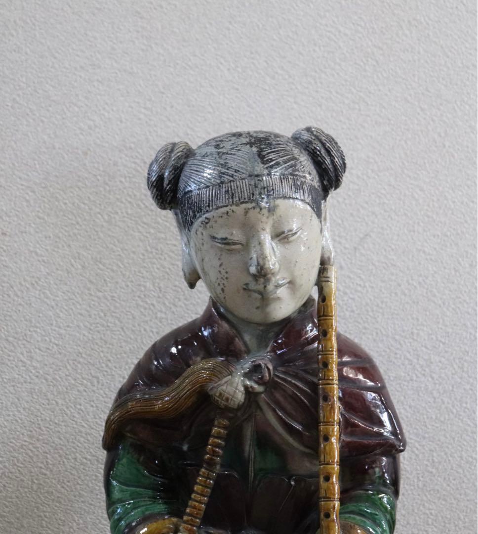 中国　清時代初期　三彩持笛少女像　アンティーク　送料込み0207