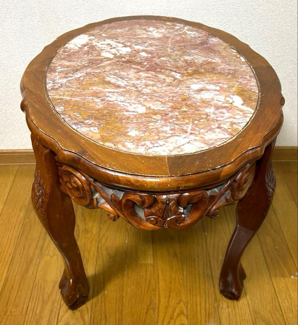 サイドテーブル 木彫り 大理石 テーブル アンティーク