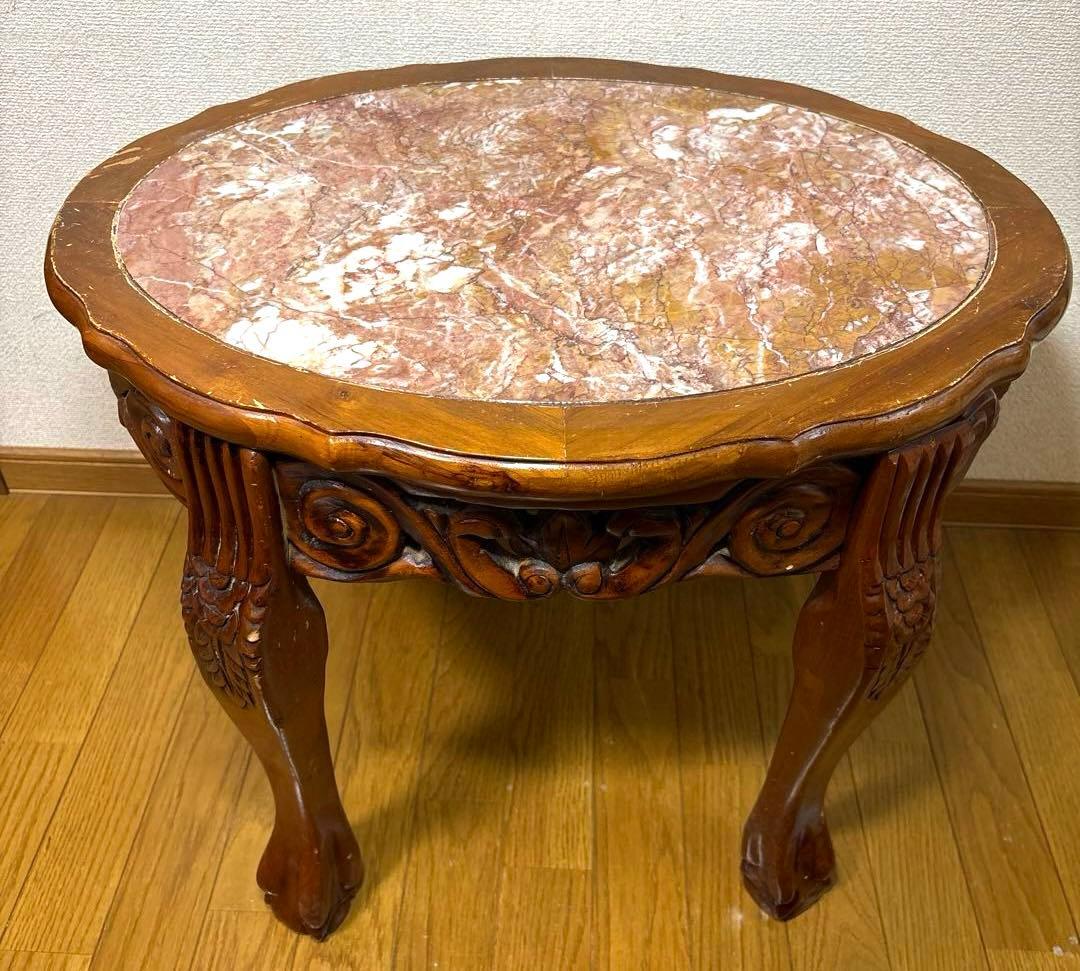 サイドテーブル 木彫り 大理石 テーブル アンティーク