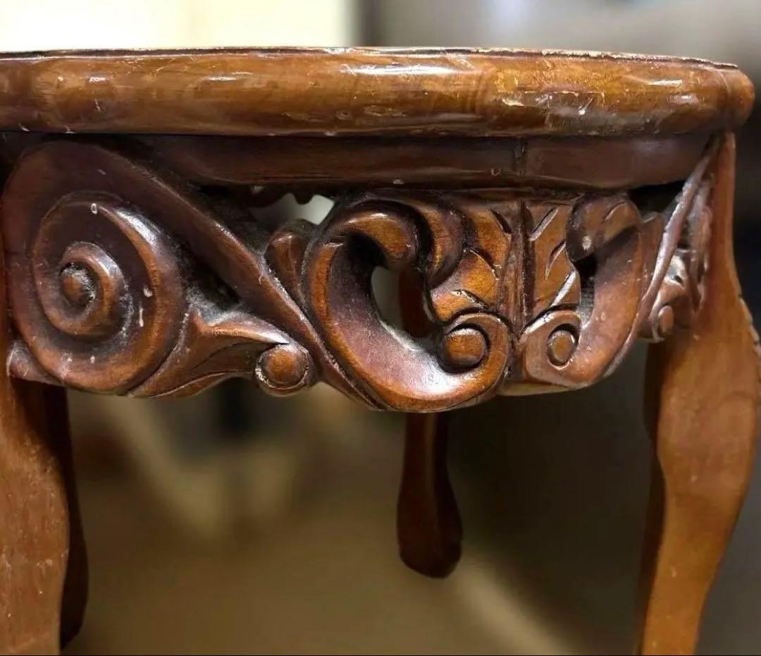 サイドテーブル 木彫り 大理石 テーブル アンティーク