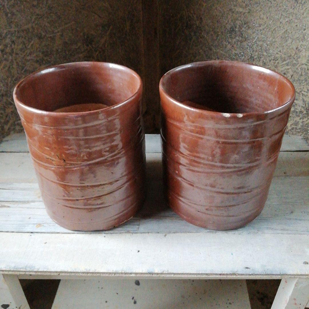 瀬戸焼　加藤春二　柿釉火鉢一対　20.5cm　大正～昭和初期