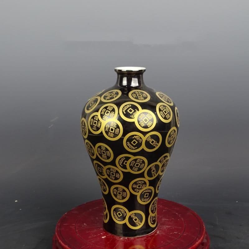清咸豊烏金釉画金銅銭紋梅瓶 景徳鎮 陶磁器 装飾品 現代工芸品 美術品 置物