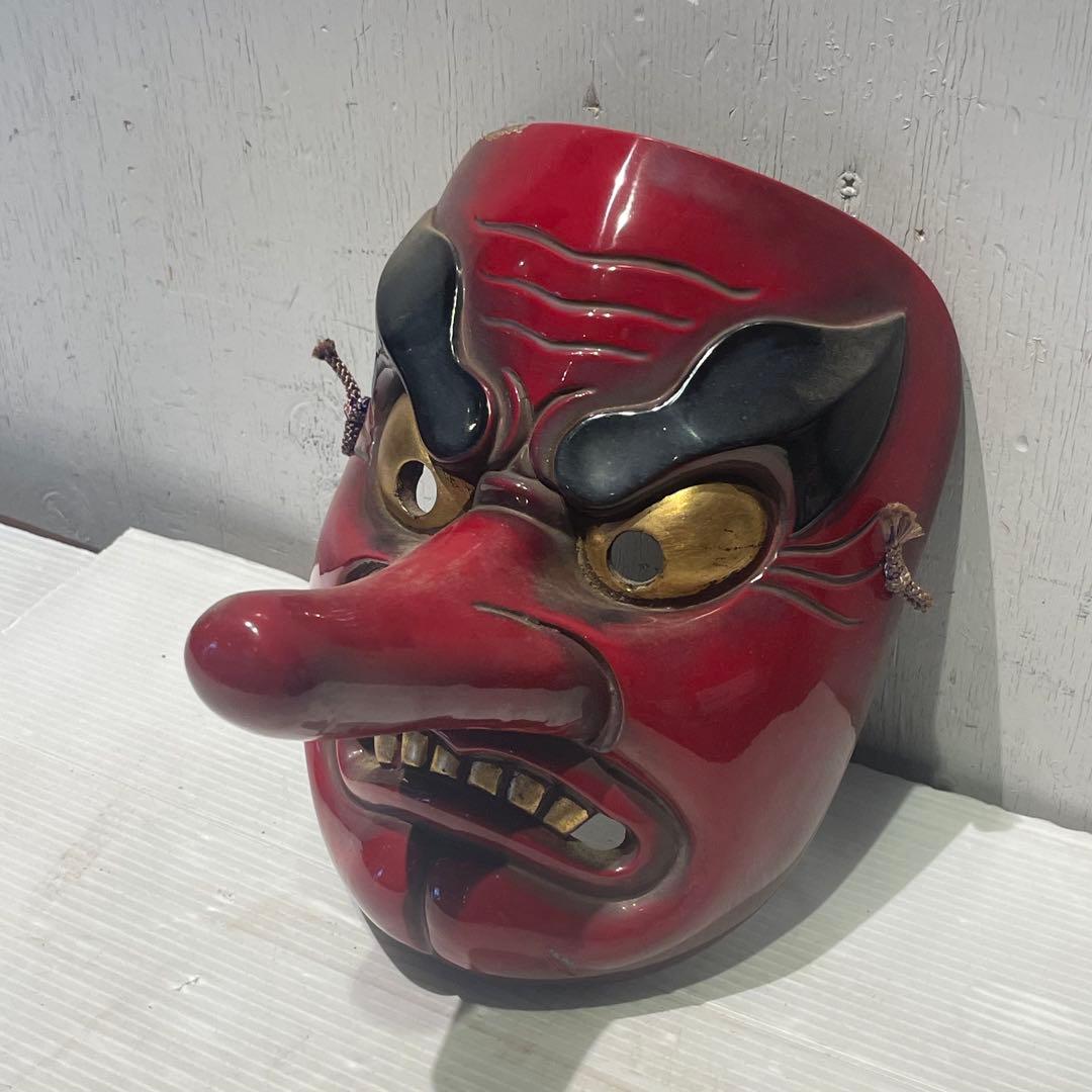 天狗 お面 壁掛け　木彫　時代　木彫り　小天狗　清巴　魔除け　縁起物　鬼面