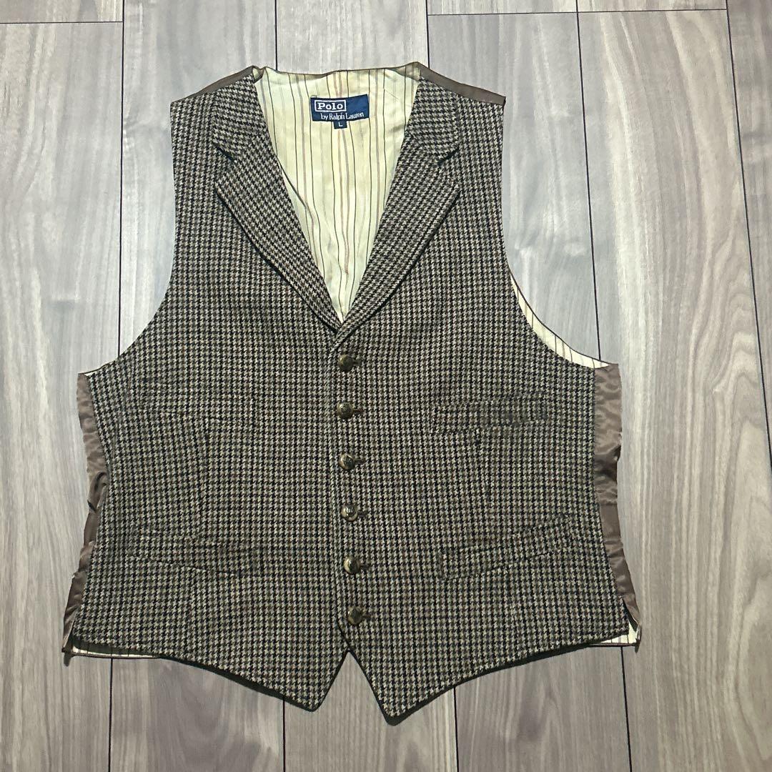 90s ラルフローレン　ツイードベスト　千鳥格子　ウール100 ブラウン　L