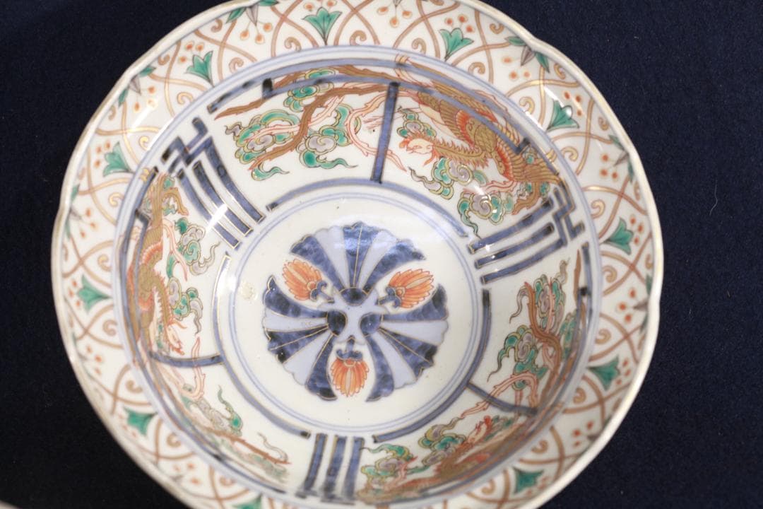 033　古伊万里　色絵３つ重丼鉢　無傷　江戸時代　箱付　年末　蔵出