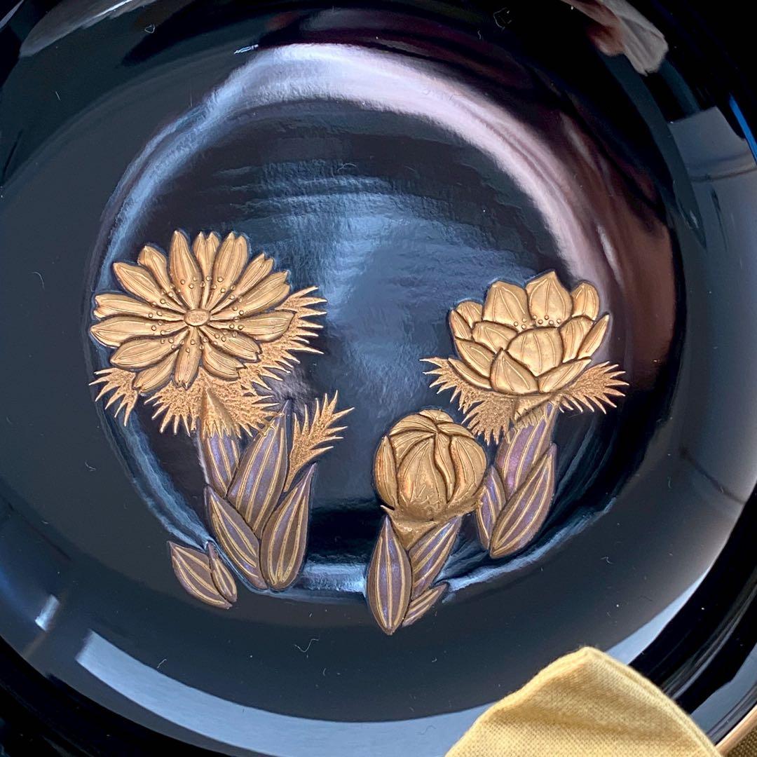 未使用 美品 輪島屋善仁 輪島塗 呂色仕上 【煮物椀5客】草花絵変り蒔絵 懐石