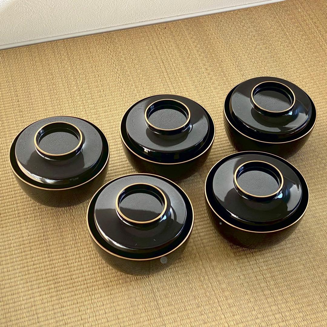 未使用 美品 輪島屋善仁 輪島塗 呂色仕上 【煮物椀5客】草花絵変り蒔絵 懐石