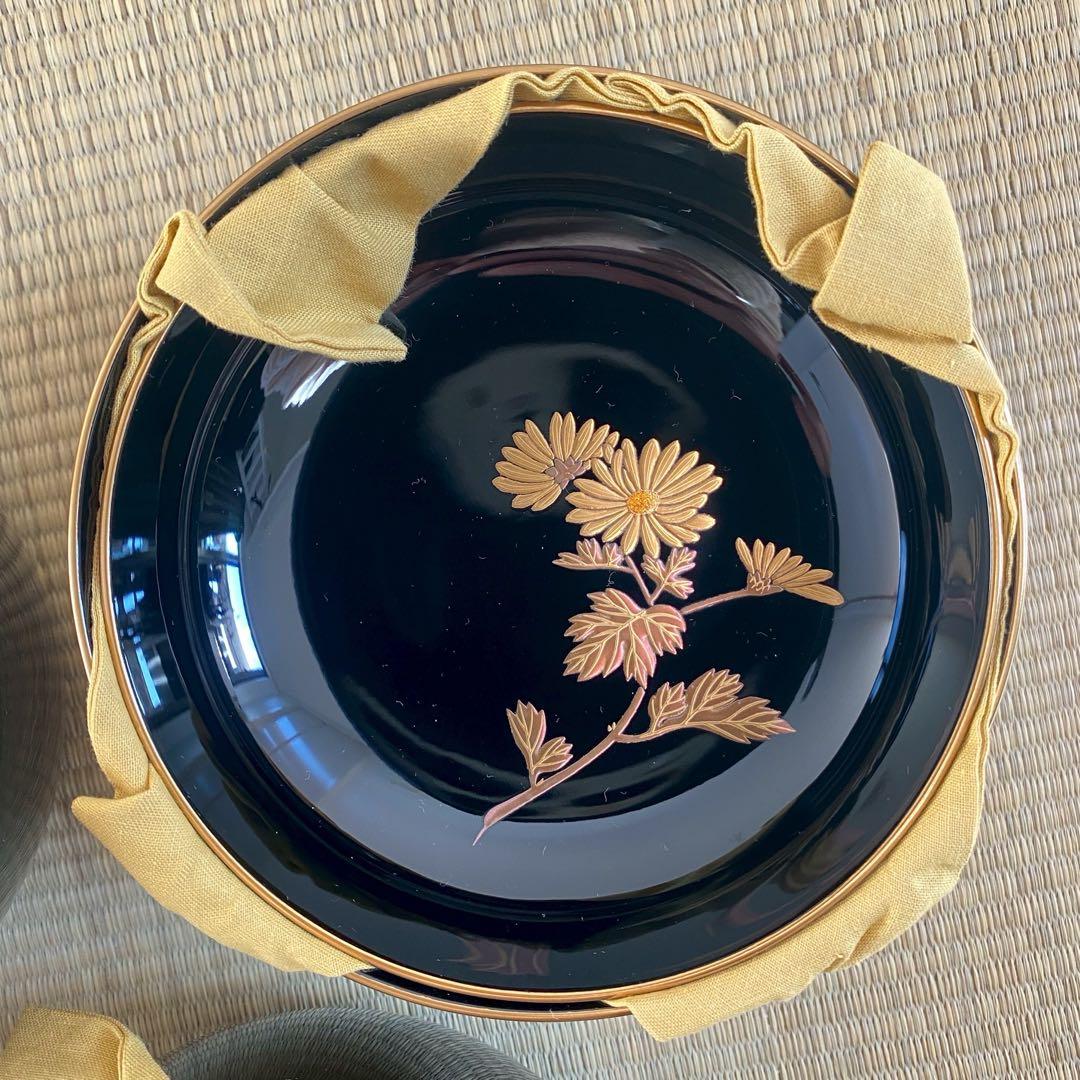 未使用 美品 輪島屋善仁 輪島塗 呂色仕上 【煮物椀5客】草花絵変り蒔絵 懐石